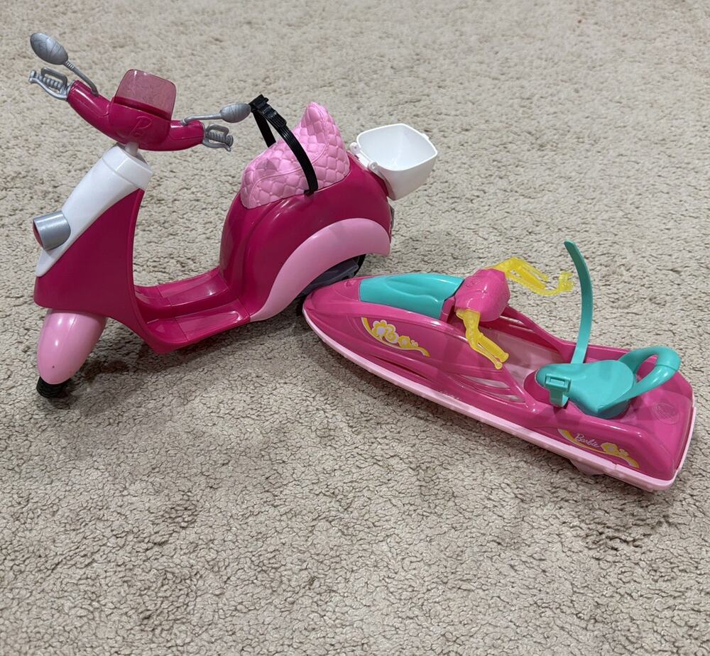 BARBIE VEHICLES Lot of 2 Water Craft Jet Ski Wave Runner + Scooter Moped Pink